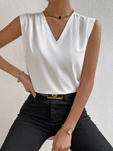 SXY Solid V Neck Shoulder Pad Sleeveless Blouse